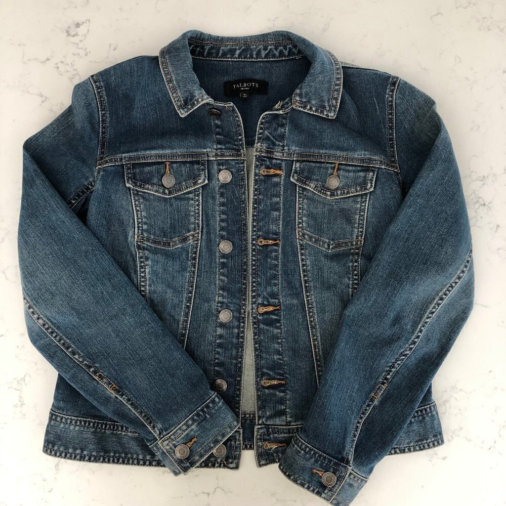 Talbots Petites Button Down Lg Slv Cotton Med Wash Denim Jacket Blue Sz S